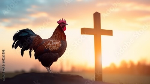 Slika na platnu Peter denies Jesus concept: rooster on blurred beautiful sunrise sky with cross