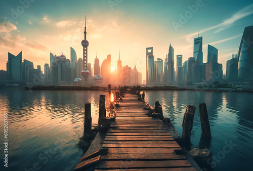 sunrise over the shanghai city skyline