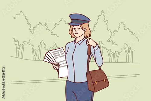 Woman postman delivers newspapers and fresh press with news or letters for residents of city. Young girl in postman cap holds bag for letters or parcels and works in postal service.