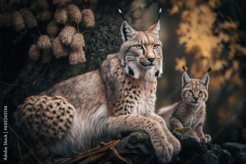 Obraz premium Lynx with cub in natural habitat. Generative AI