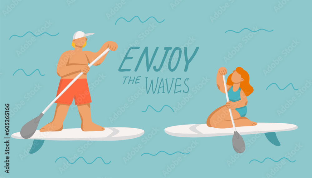 Young woman and man on stand up paddle board. Cartoon girl and boy on SUP surfing, puddling in the sea. Cute vector illustrations