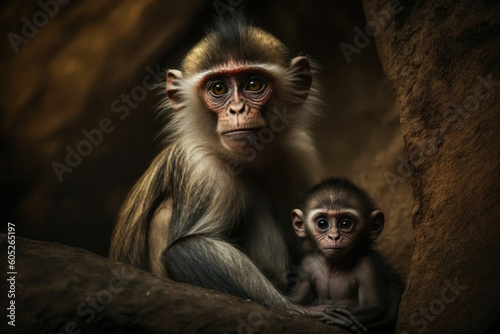 Monkey with cub in natural habitat. Generative AI © Uliana