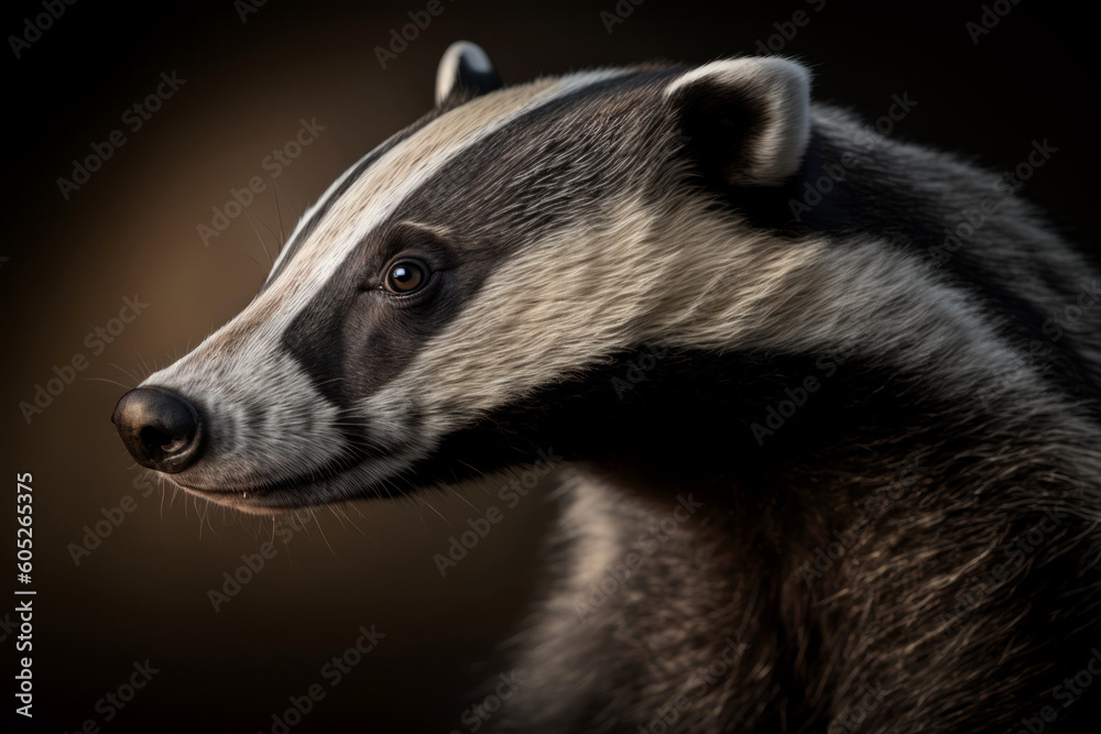 Badger portrait on dark background. AI Generative