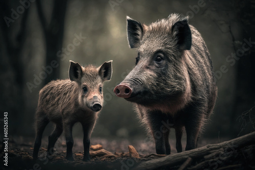 Wild boar with cub in natural habitat. Generative AI