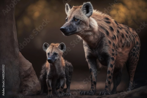 Hyena with cub in natural habitat. Generative AI