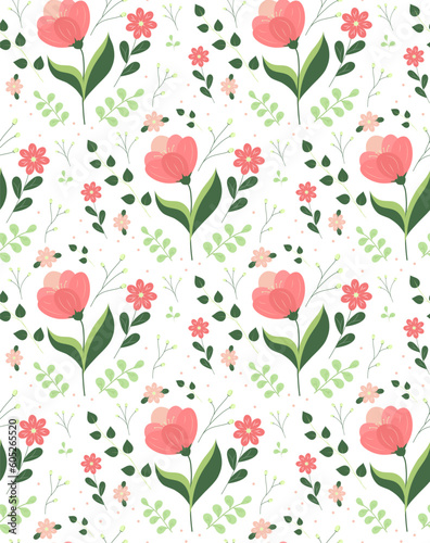 Cute botanical floral pattern. Seamless vector tulip pattern on a white background. Tender background with pink flowers and leaves.