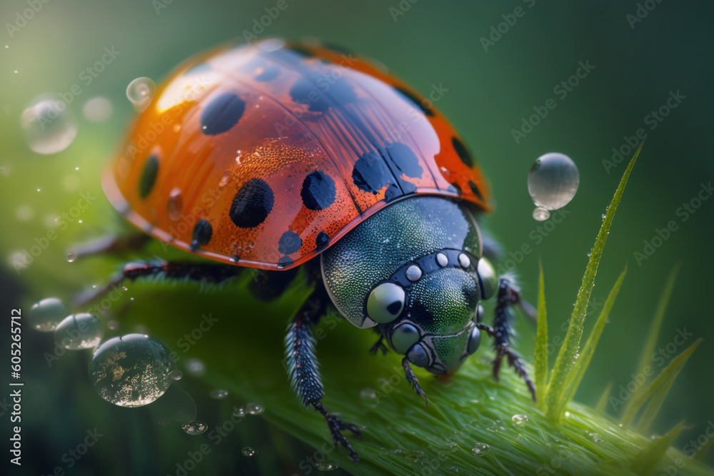 Obraz premium Ladybird on a leaf, macro closeup. Generative AI
