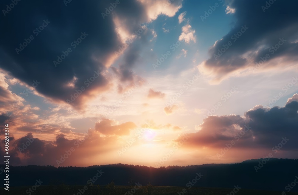 dramatic evening sky with clouds and rich sunny light, Generative AI