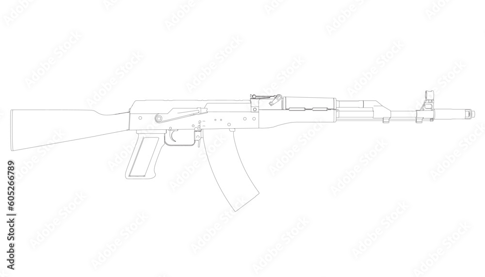 Kalashnikov assault rifle contour from black lines isolated on white background. Vector illustration Kalashnikov assault rifle contour from black lines isolated on white background. Vector illustration