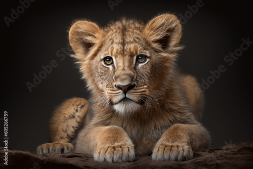 Portrait of a baby lion on a dark background, Generative AI