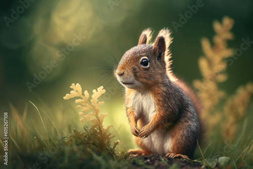Baby squirrel in spring green grass with flowers. Generative AI