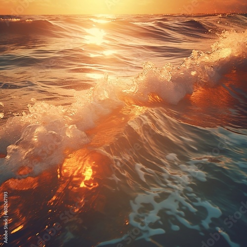 Warm Sunset Ocean Waves Aesthetic Background. Generative AI