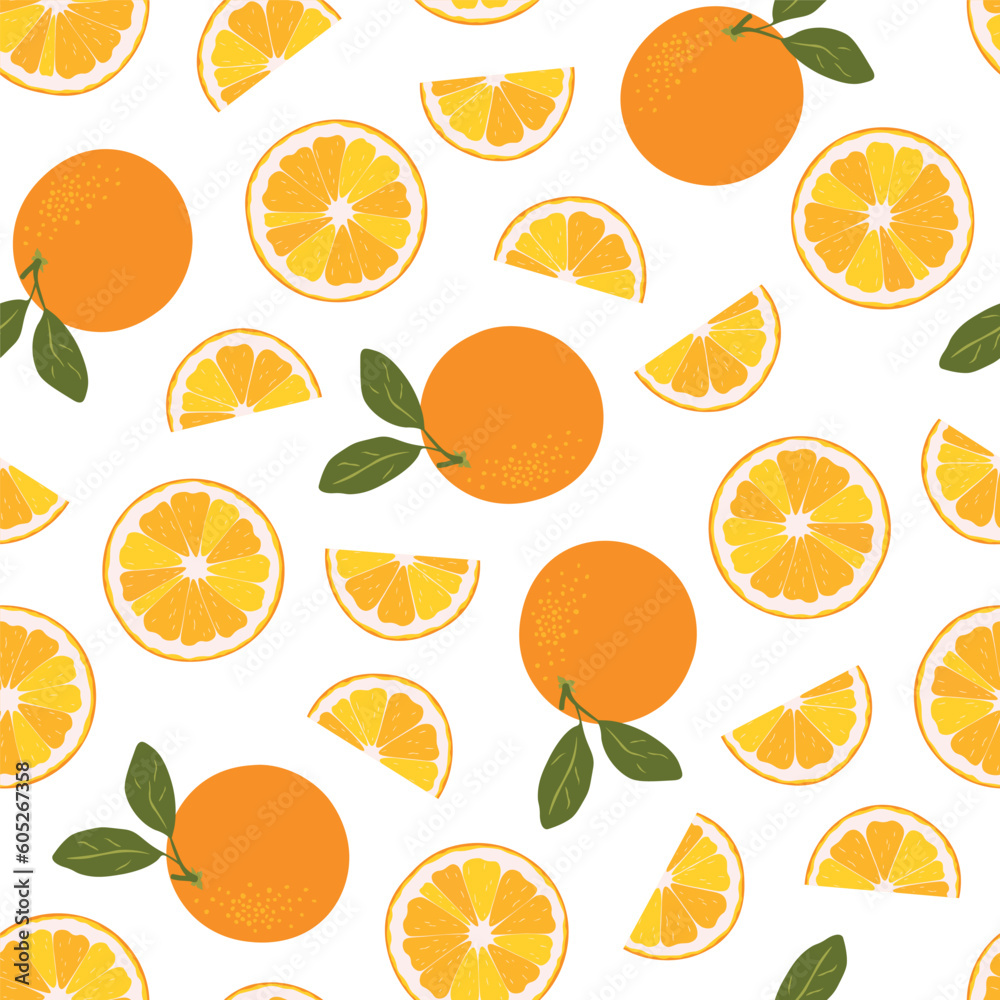 Fresh orange seamless pattern on a white background. Gold tropical orange fruit, orange slice. Good for textile, wallpaper, wrapping paper.