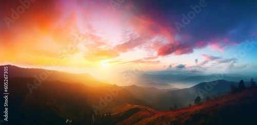Amazing panorama mountain with Colorful sky and Dramatic Sunset, Generative AI