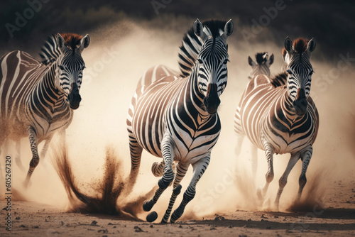 Zebras running through the African savannah. Generative AI