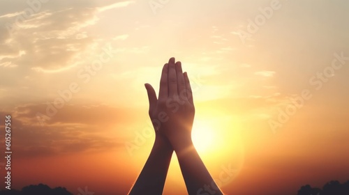 Human hands open palm up worship god on Sunset background with cross on white, Generative AI