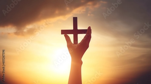Human hands open palm up worship god on Sunset background with cross on white, Generative AI