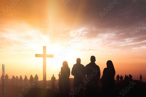 Worship concept: Silhouette people looking for the cross on sunrise background, Generative AI