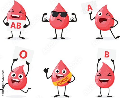 Happy healthy smiling blood drop cartoon character set isolated on white background