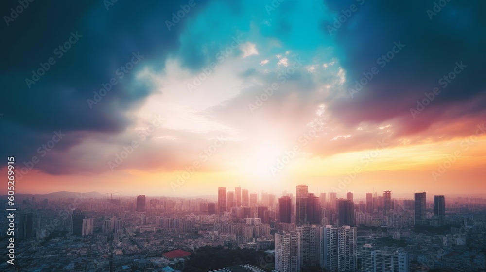 World Cities Day concept: Abstract  view city on twilight color sky and clouds cityscape background, Generative AI