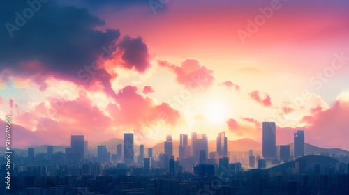 World Cities Day concept: Abstract  view city on twilight color sky and clouds cityscape background, Generative AI © Pooja