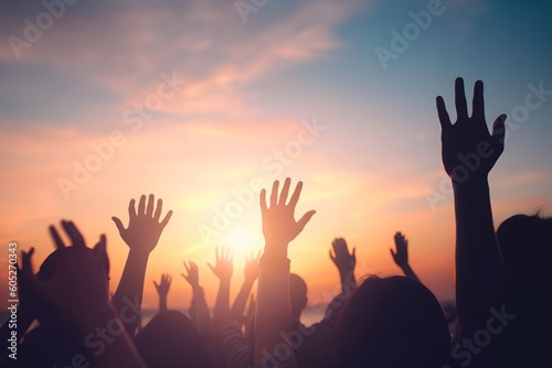 Worship and praise concept: christian people hand rising on sunset background, Generative AI