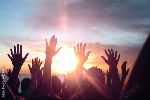 Worship and praise concept: christian people hand rising on sunset background, Generative AI © Pooja