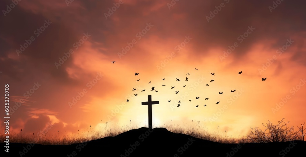 Religious concept: Silhouette cross and birds flying on  sunrise background, Generative AI