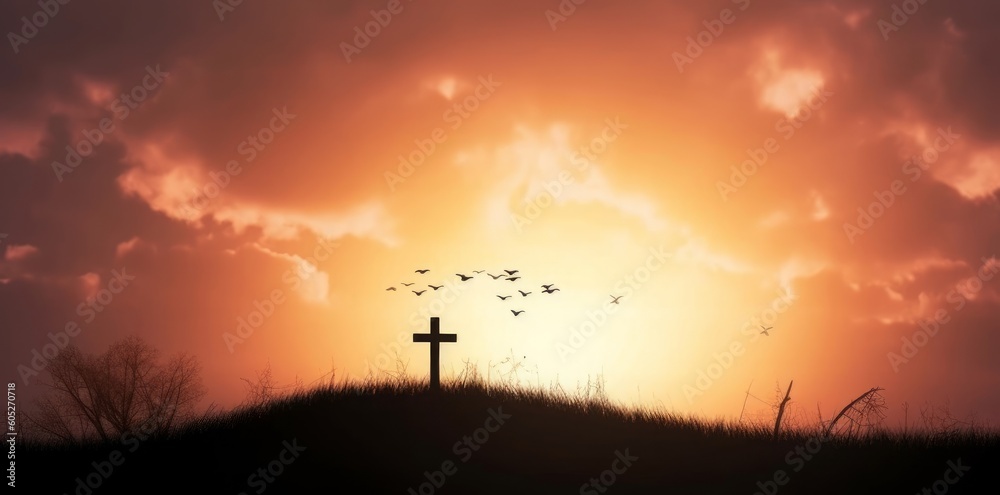 Religious concept: Silhouette cross and birds flying on  sunrise background, Generative AI