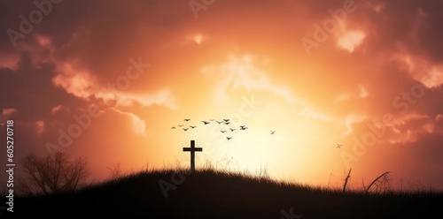 Religious concept: Silhouette cross and birds flying on sunrise background, Generative AI