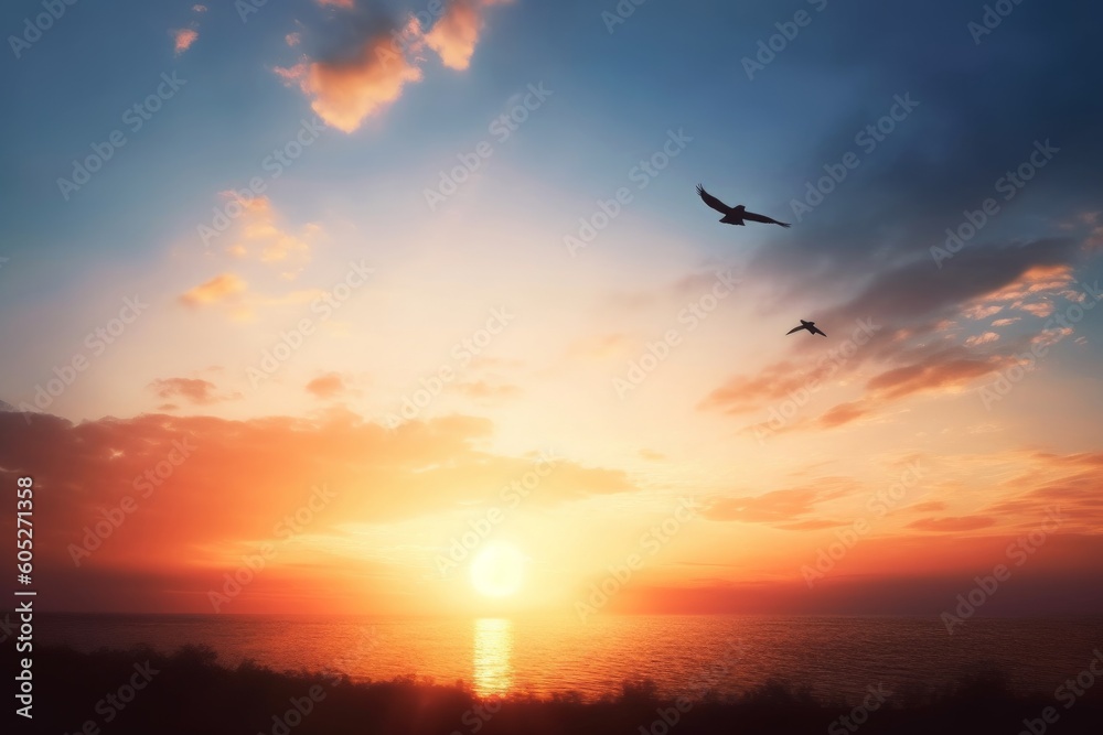 Flying bird at sunset sky background, Generative AI