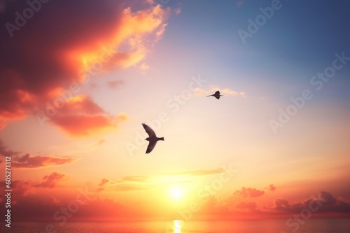 Flying bird at sunset sky background, Generative AI