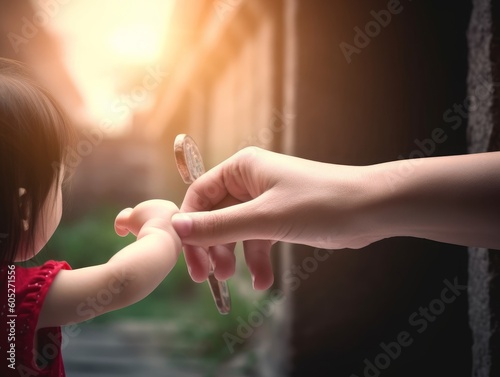 Child's hand holding mother's finger on blurred The cross of jesus christ background, Generative AI © Pooja