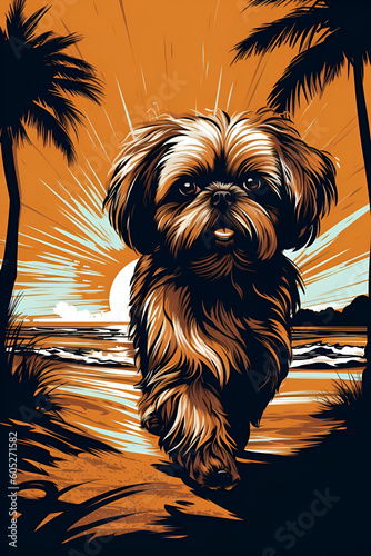 shih tzu relaxing at the tropical beach during sunset