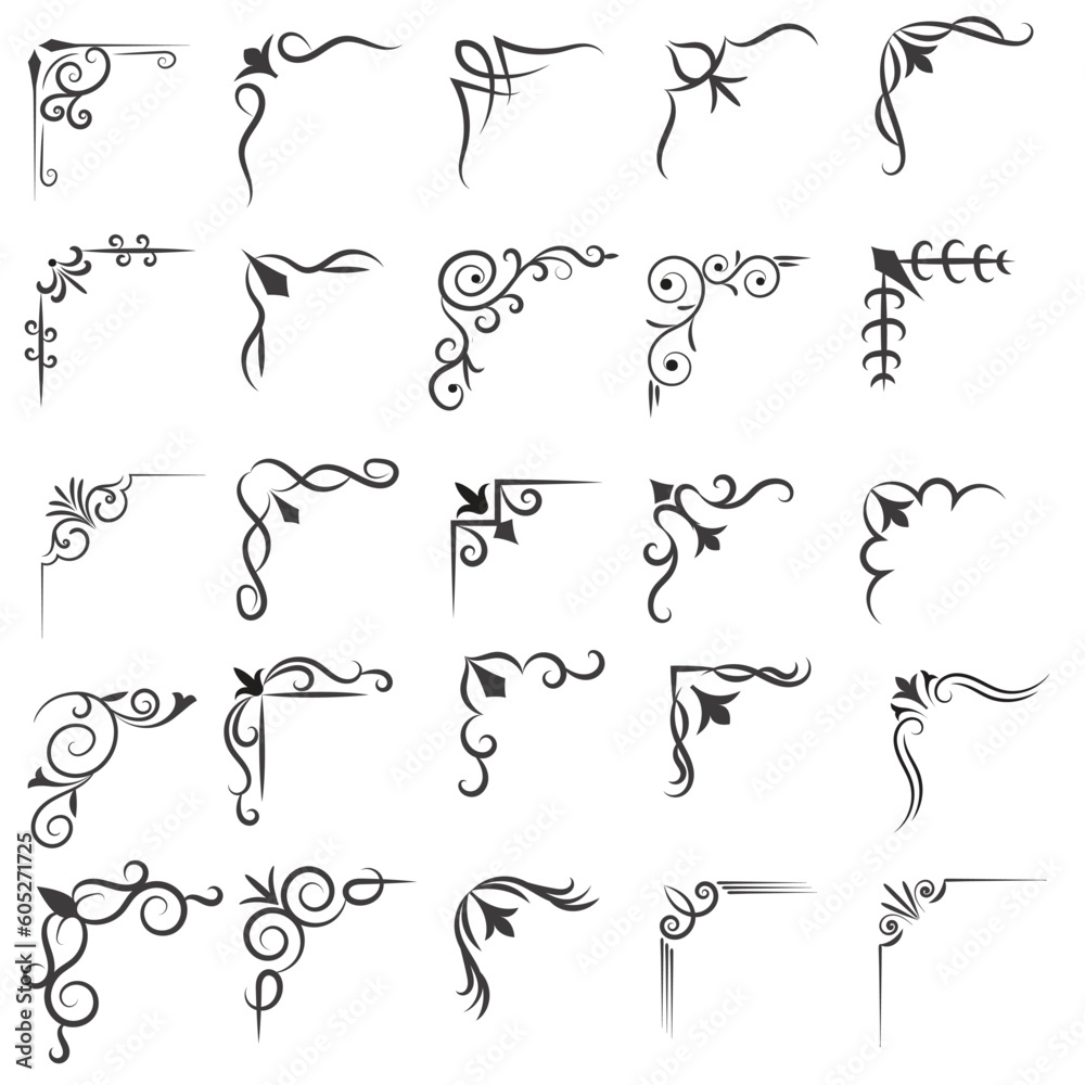 Vector illustration of decorative corner frame set. Set Hand Draw of Corners Different Shapes Flower Decoration Vector Design Doodle Sketch Style For Wedding And Banner Vector illustration of decorative corner frame set. Set Hand Draw of Corners Different Shapes Flower Decoration Vector Design Doodle Sketch Style For Wedding And Banner