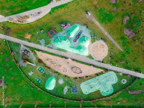 Aerial top view of the playground in the Park of the 800th anniversary of Opole, Poland photo