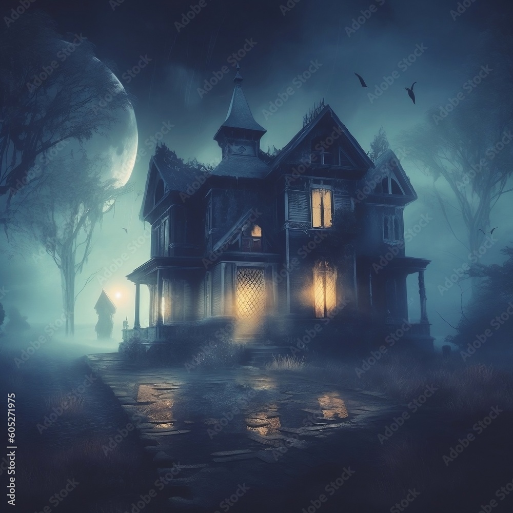 Foggy Halloween Night: Old Creepy Haunted House. Generative AI