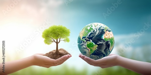 world environment and earth day, Two human hands holding big tree and earth globe over green and blue sky nature background. Elements of this image furnished by, Generative AI