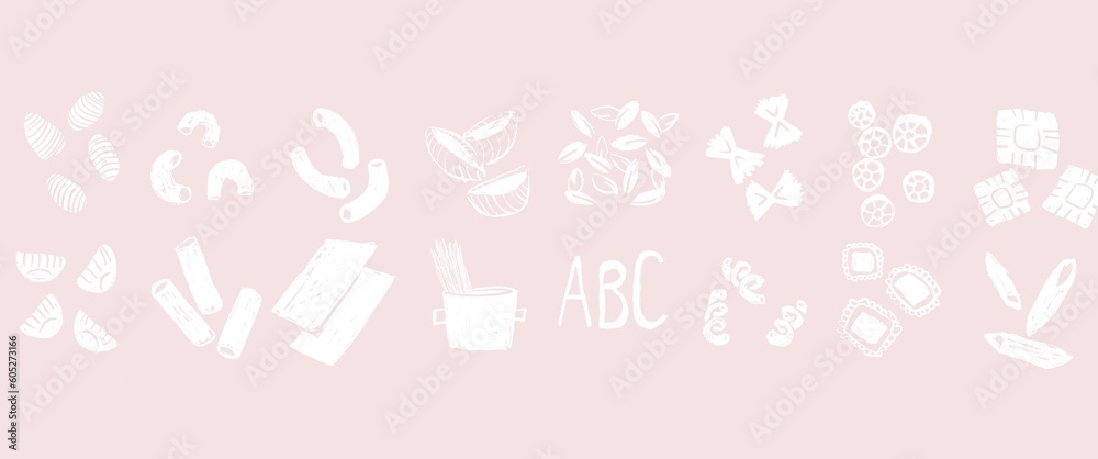 Encyclopédie des diverses forme de pâte: fusilli, farfalle, rigatoni et ravioli… Illustration en impression monochrome type linogravure rose et blanc
