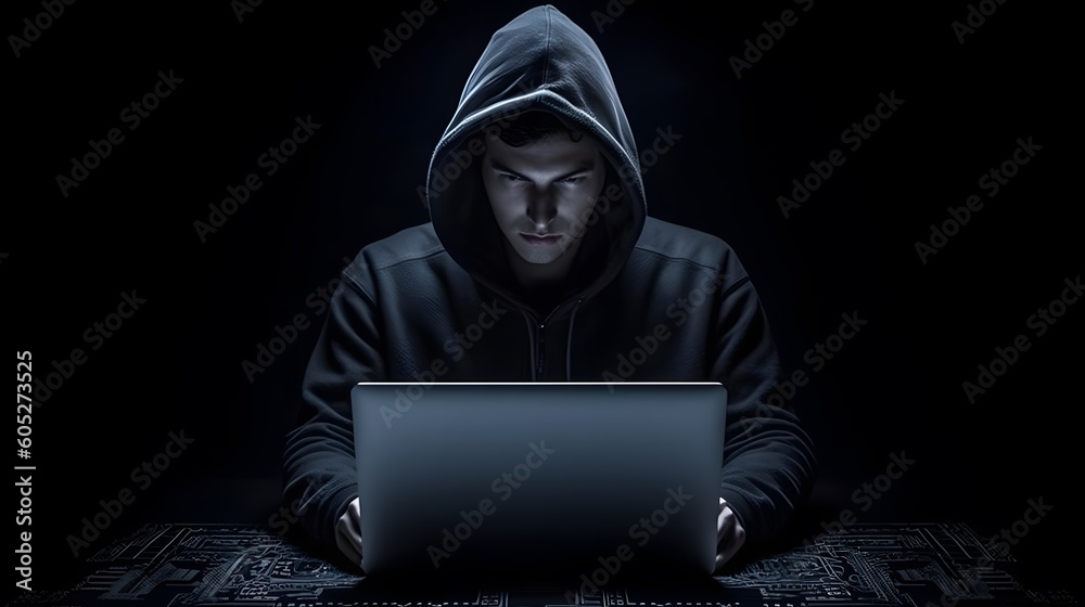 Internet privacy theft lurking in background. Anonymous hacker. Cyberpunk future. Cybersecurity breach. Generative Ai.