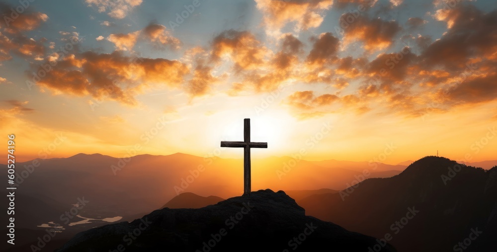 The crucifix symbol of Jesus on the mountain sunset sky background, Generative AI