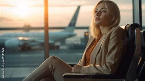Businesswoman patiently awaiting her flight at the airport. Generative AI.