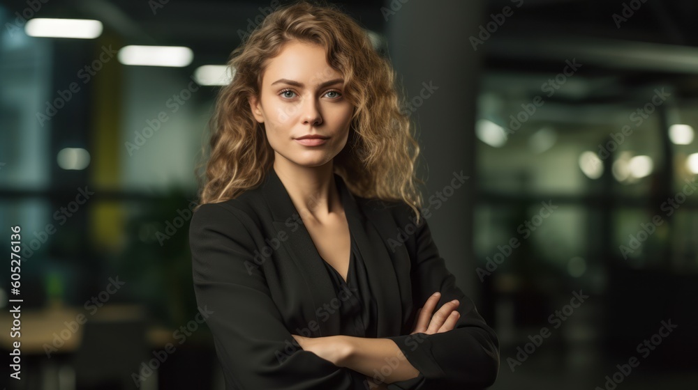 Fototapeta premium Confident Businesswoman Posing with Crossed Arms in Office Setting. Generative AI.