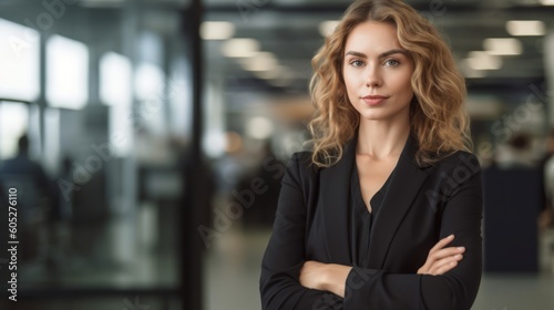 Confident Businesswoman Posing with Crossed Arms in Office Setting. Generative AI.