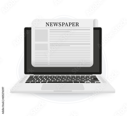 Newspaper on laptop screen. Online news. Reading news on the computer screen. Daily or weekly breaking news. News web page, information about events activities. Newspaper template. Vector illustration