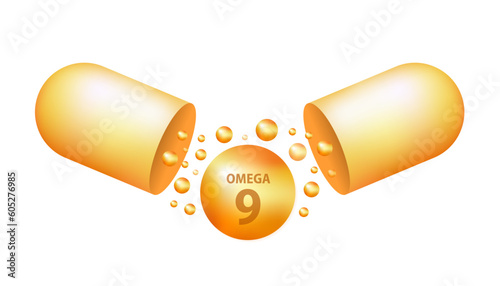 Golden drops of Omega nine. Polyunsaturated fatty acids Omega-9. Natural fish oil, organic vitamin, nutrients. Omega fatty acids. Vector realistic capsules. Vector illustration
