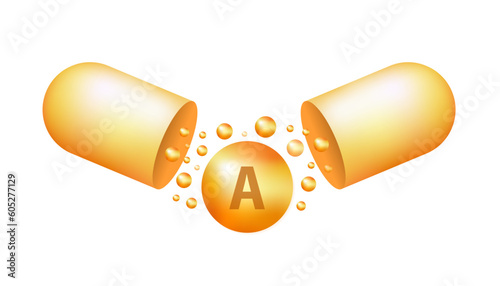 Vitamin A golden shiny pills capsules icon. Vitamin complex with chemical formula, retinol retinol, retina, beta-carotene. Shining golden drop substance. Meds for heath ads. Vector illustration