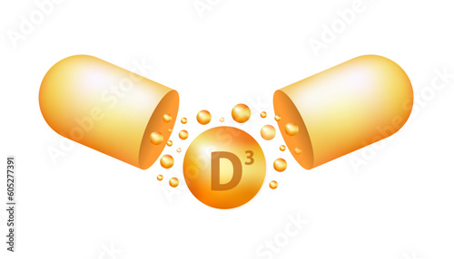 Vitamin D3 Icon with Sun. Vitamin d yellow capsule. 3D Yellow drug nutrition design. Essential vitamin complex. Healthy life concept. Beauty, nutrition skin care, pharmacy, diet .Vector illustration