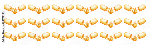 Set capsule vitamin complex icons. Multivitamin supplement. A, B group B1, B2, B3, B5, B6, B9, B12, C, D, D3, E, K, H, K1, PP. Essential vitamin complex. Healthy life concept. Vector illustration