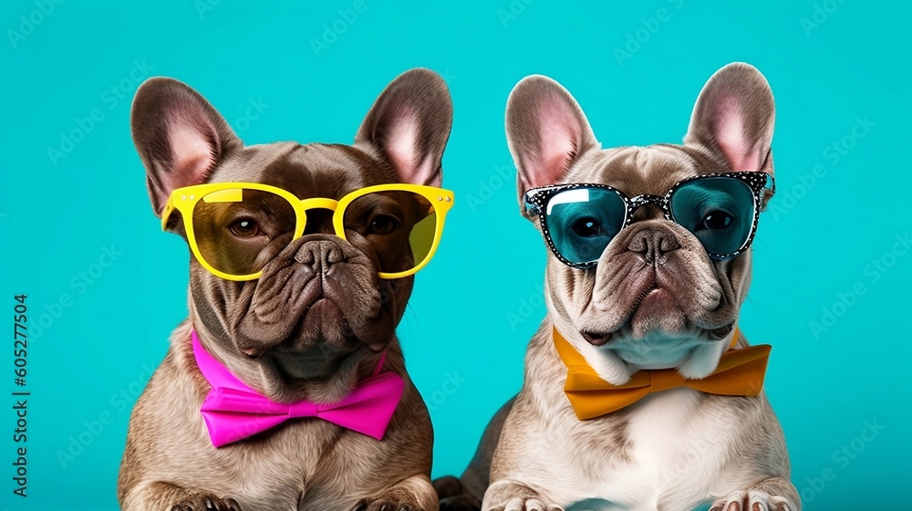 French bulldogs wearing colorful sunglasses - Generative AI